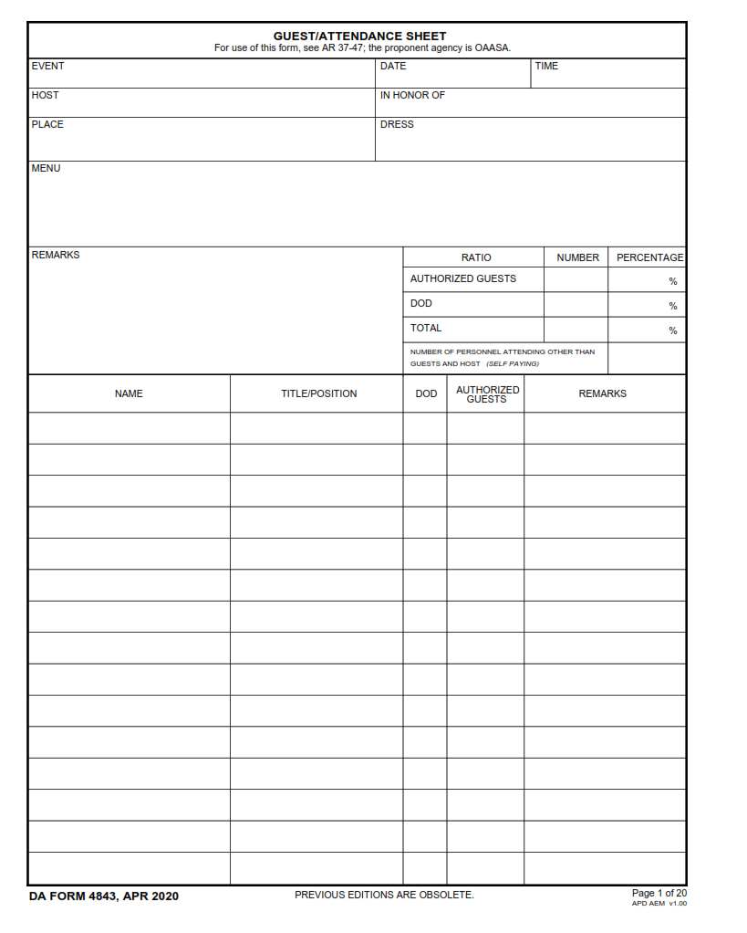 DA Form 4843 - Guest Attendance Sheet Page 1