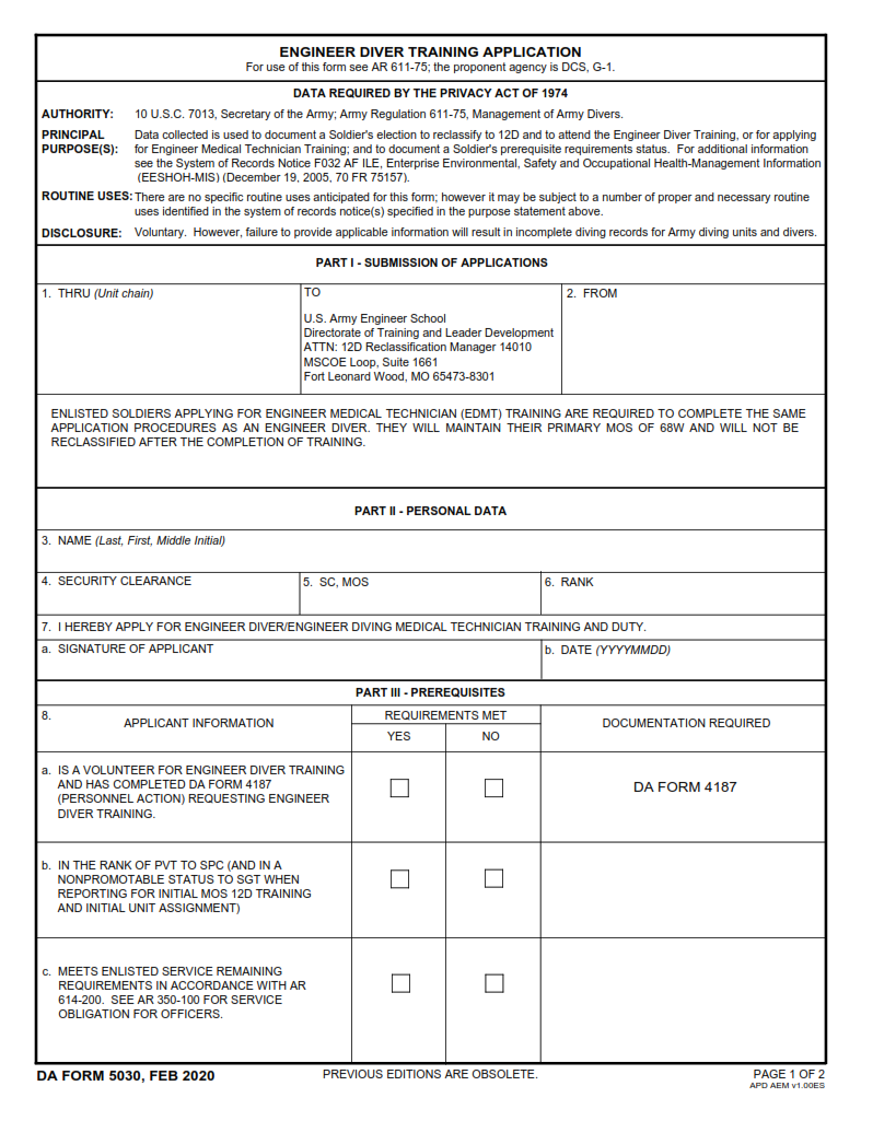 DA Form 5030 - Engineer Diver Training Application Page 1