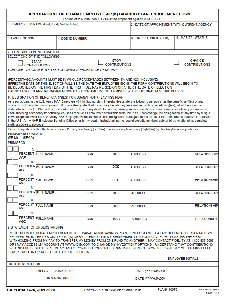 DA Form 7426 - Application For Usanaf Employee 401 Page 1