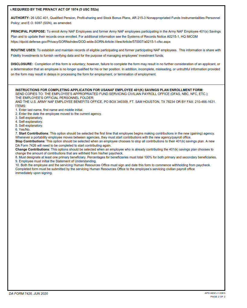 DA Form 7426 - Application For Usanaf Employee 401 page 2