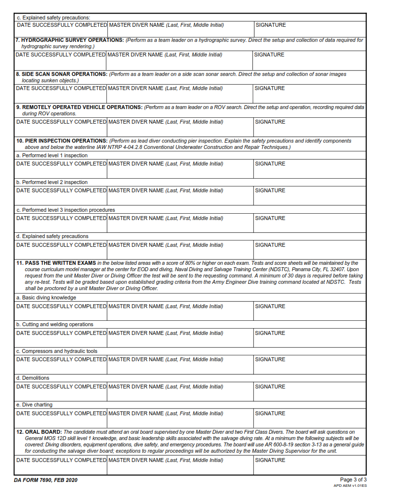 DA Form 7690 - Salvage Diver Qualification Worksheet Page 3