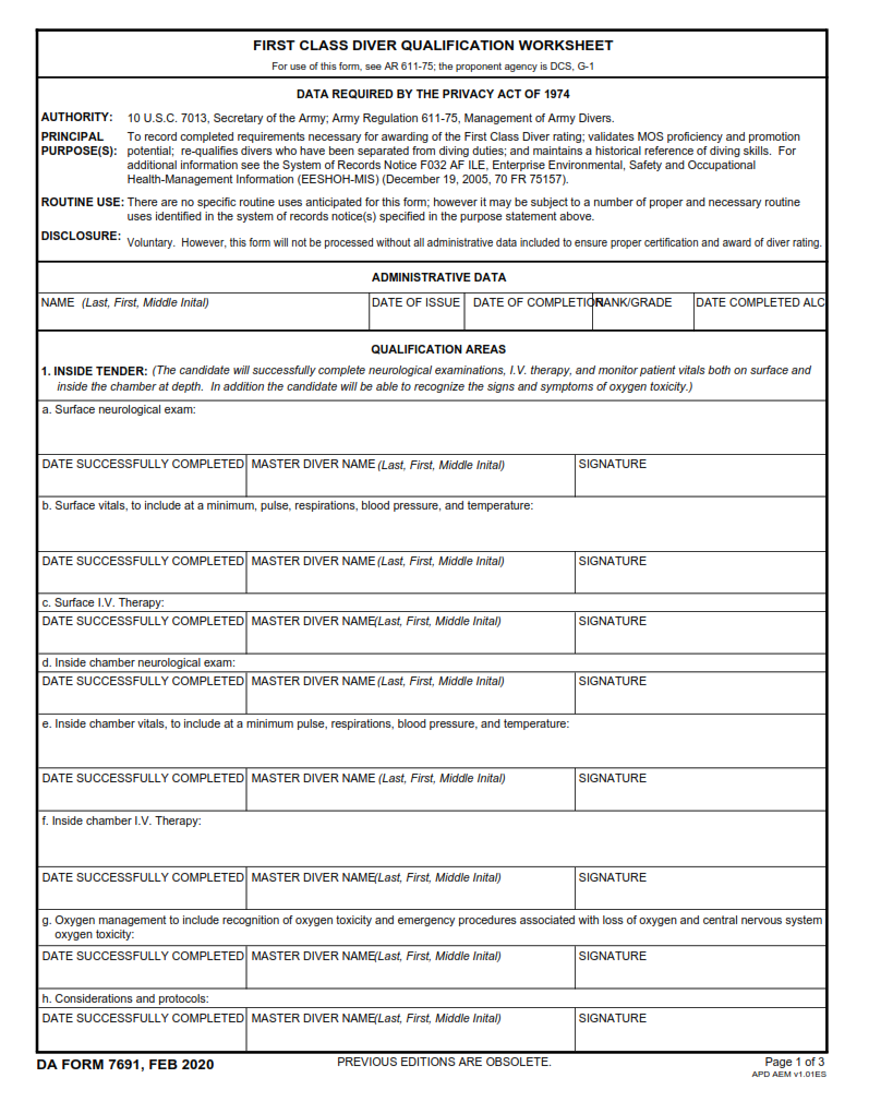 DA Form 7691 - First Class Diver Qualification Worksheet Page 1