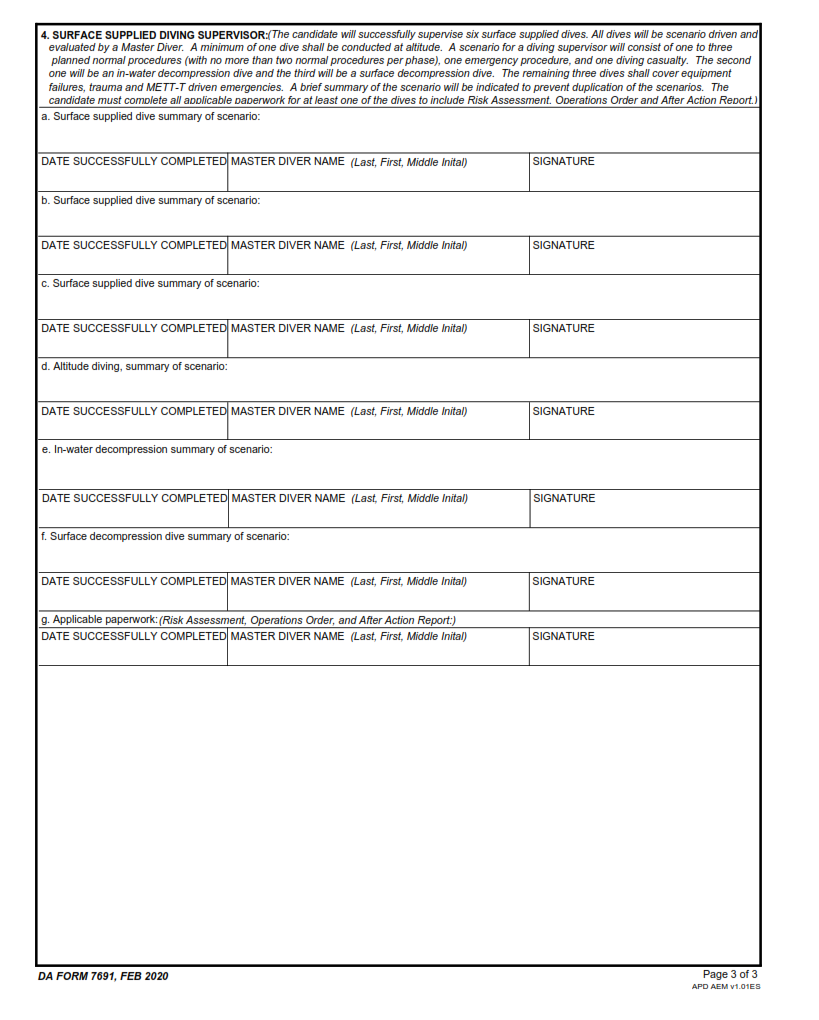 DA Form 7691 - First Class Diver Qualification Worksheet Page 3