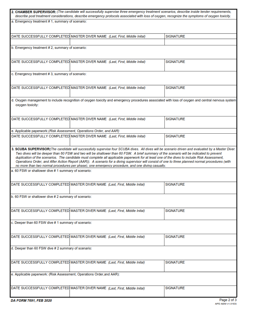 DA Form 7691 - First Class Diver Qualification Worksheet page 2