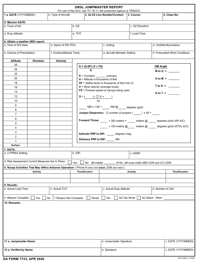 DA Form 7733 - DBSL Jumpmaster Report