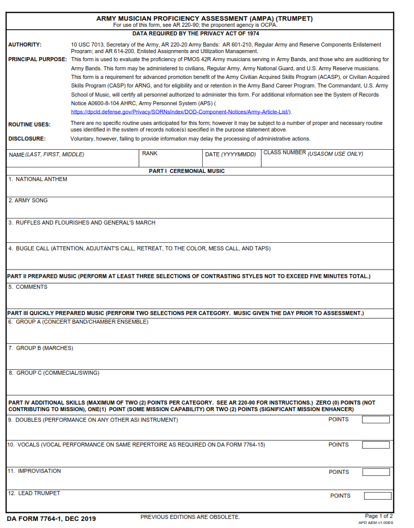 DA Form 7764-1 - Army Musician Proficiency Assessment (Ampa) Page 1