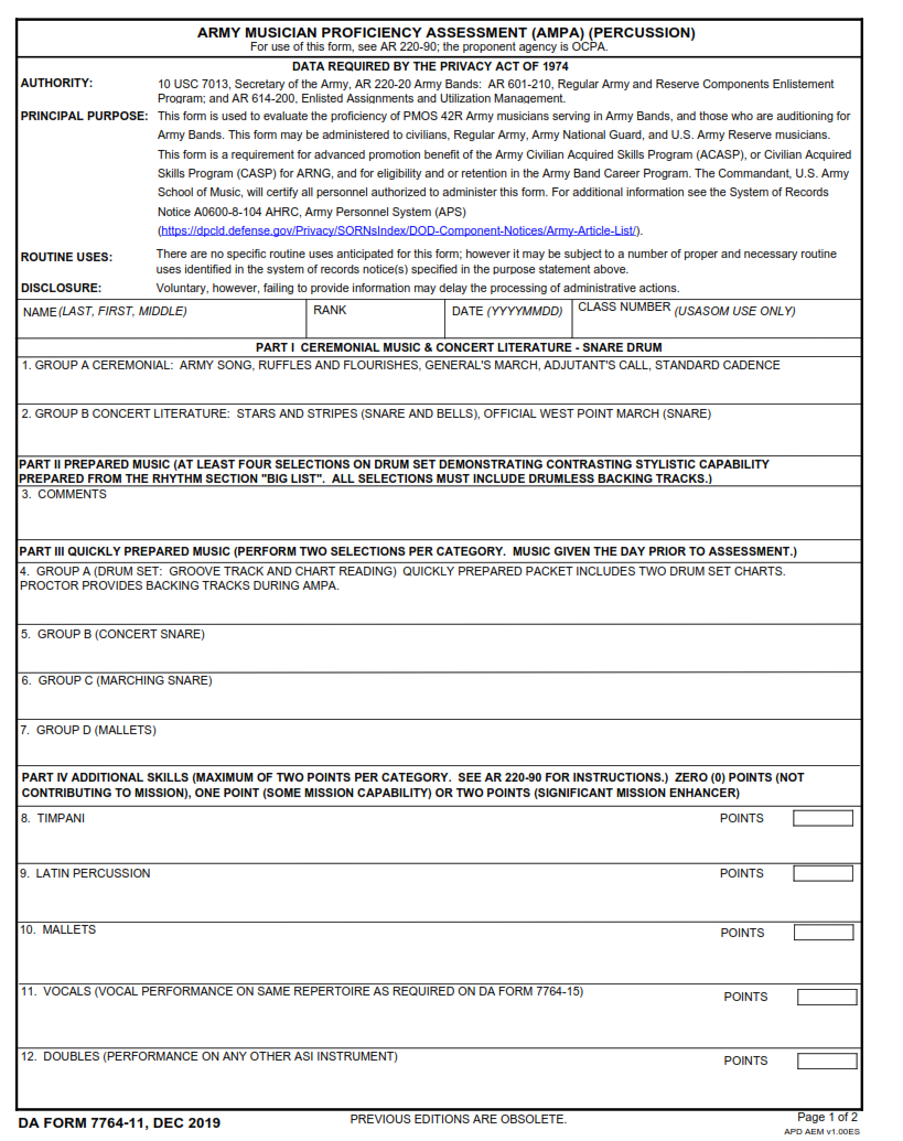 DA Form 7764-11 - Army Musician Proficiency Assessment (Ampa) (Percussion) Page 1