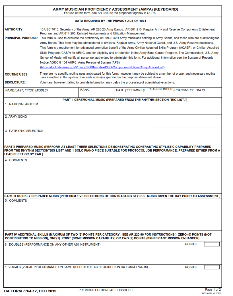 DA Form 7764-12 - Army Musician Proficiency Assessment (Ampa) (Keyboard) Page 1