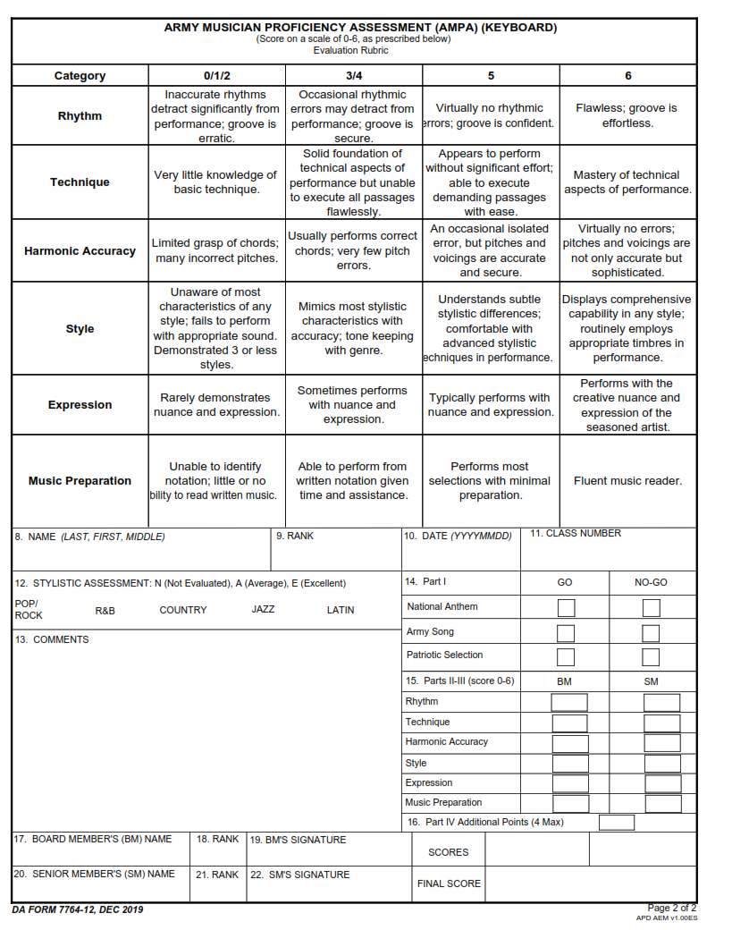 DA Form 7764-12 - Army Musician Proficiency Assessment (Ampa) (Keyboard) Page 2