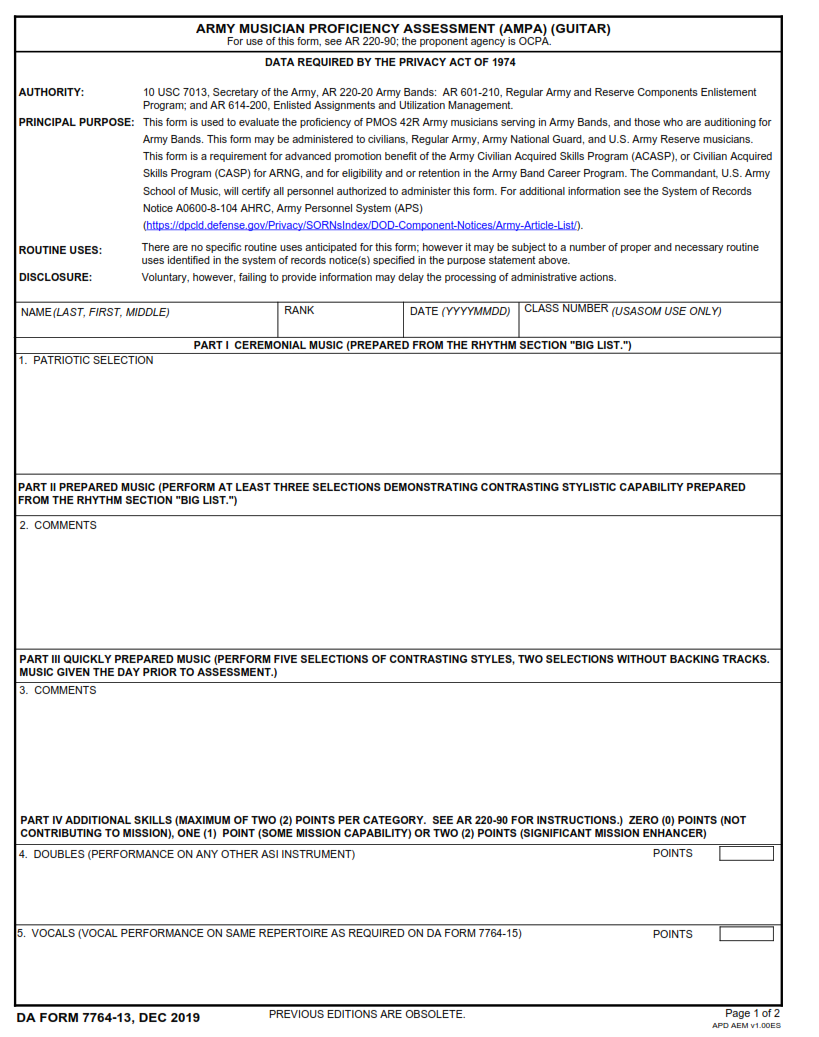 DA Form 7764-13 - Army Musician Proficiency Assessment (Ampa) (Guitar) Page 1