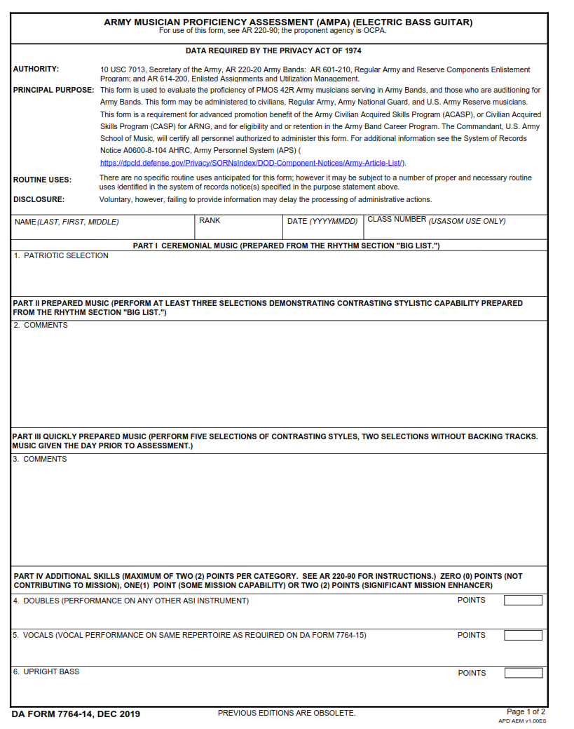 DA Form 7764-14 - Army Musician Proficiency Assessment (Ampa) (Electric Bass Guitar) page 1