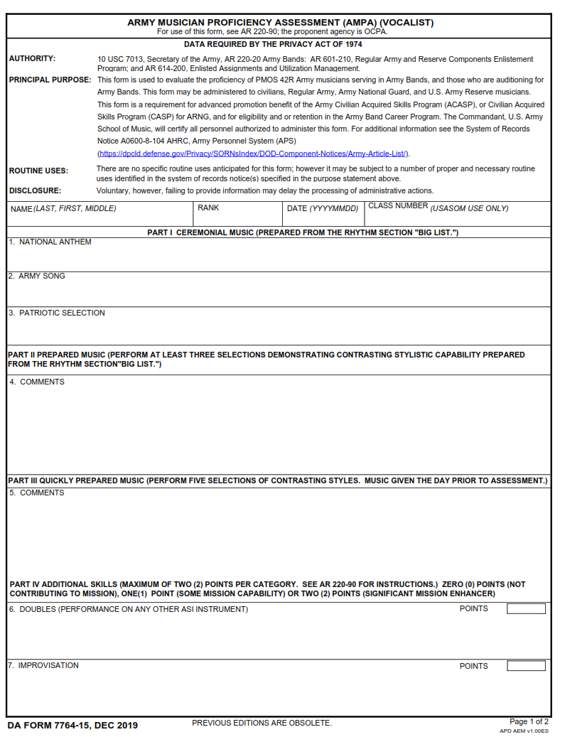 DA Form 7764-15 - Army Musician Proficiency Assessment (Ampa) (Vocalist) Page 1