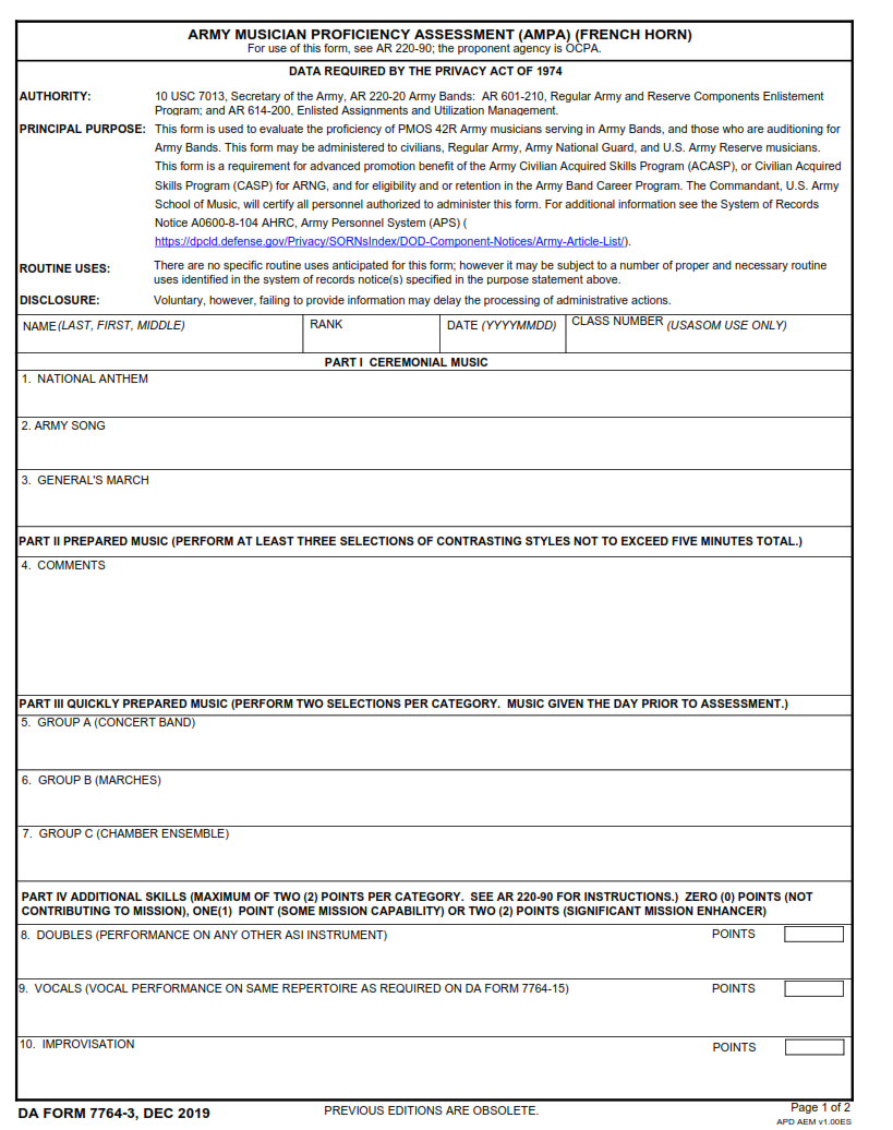 DA Form 7764-3 - Army Musician Proficiency Assessment (Ampa) (French Horn) Page 1