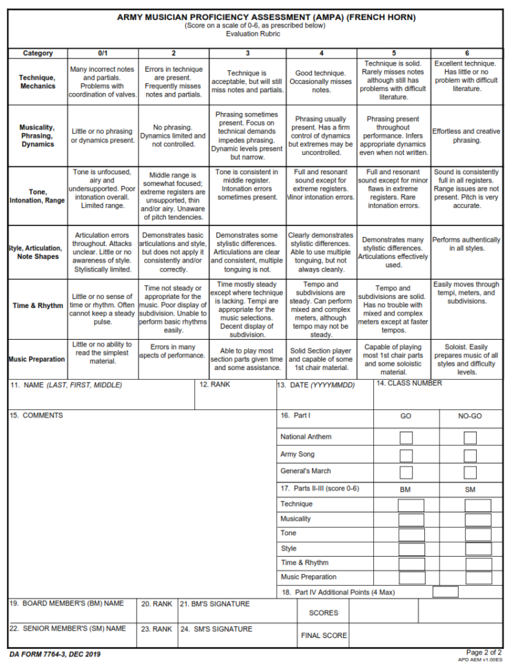 DA Form 7764-3 - Army Musician Proficiency Assessment