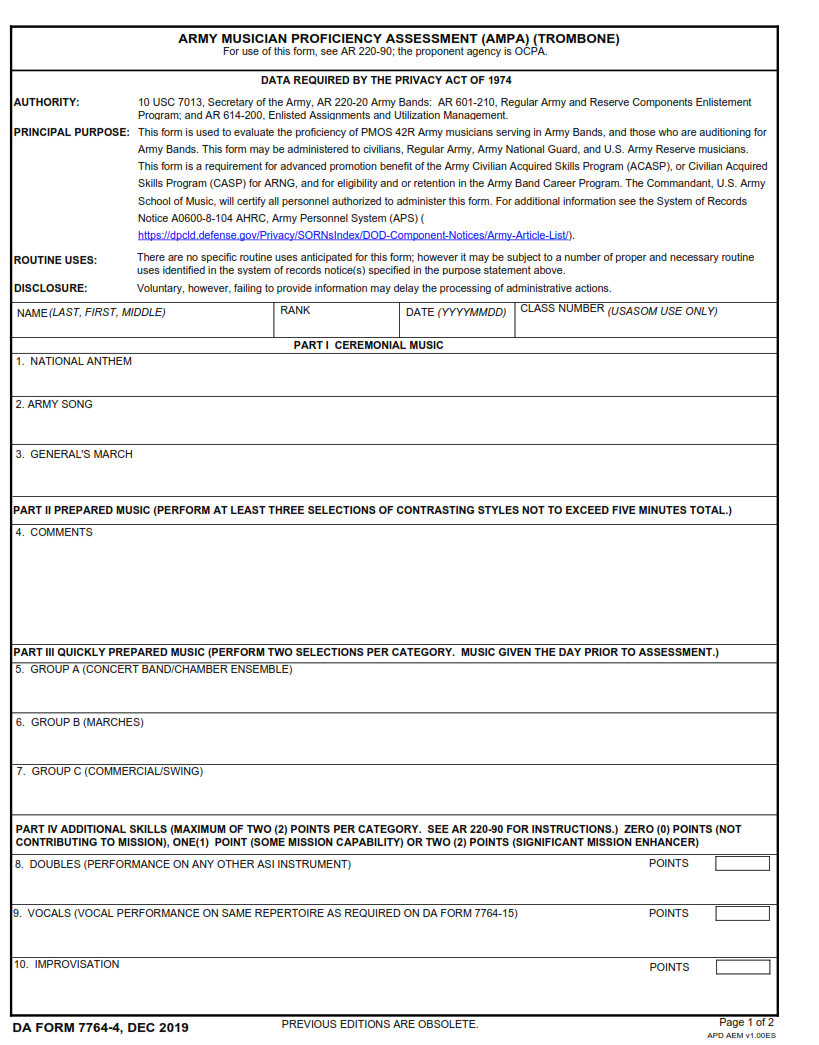 DA Form 7764-4 - Army Musician Proficiency Assessment (Ampa) (Trombone) Page 1