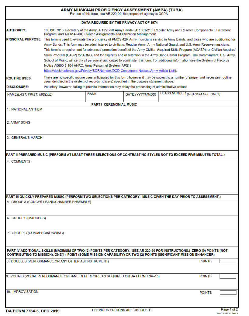 DA Form 7764-5 - Army Musician Proficiency Assessment (Ampa) (Tuba) Page 1