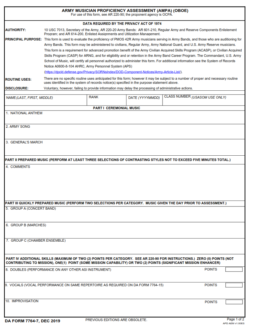 DA Form 7764-7 - Army Musician Proficiency Assessment (Ampa) (Oboe) Page 1