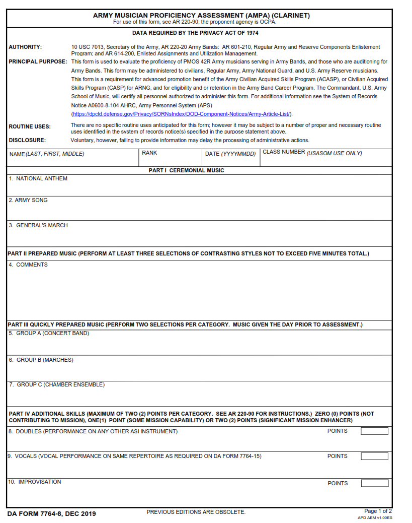 DA Form 7764-8 - Army Musician Proficiency Assessment (Ampa) (Clarinet) Page 1