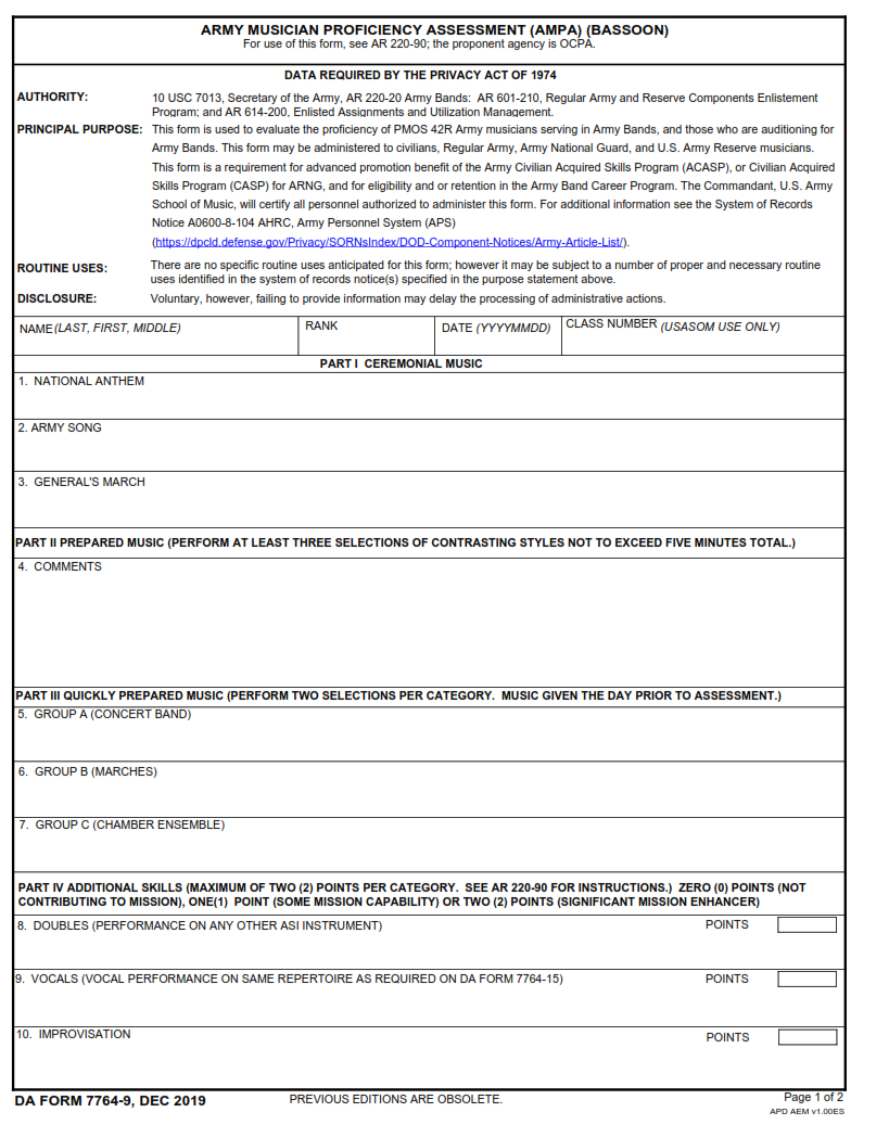 DA Form 7764-9 - Army Musician Proficiency Assessment (Ampa) (Bassoon) Page 1
