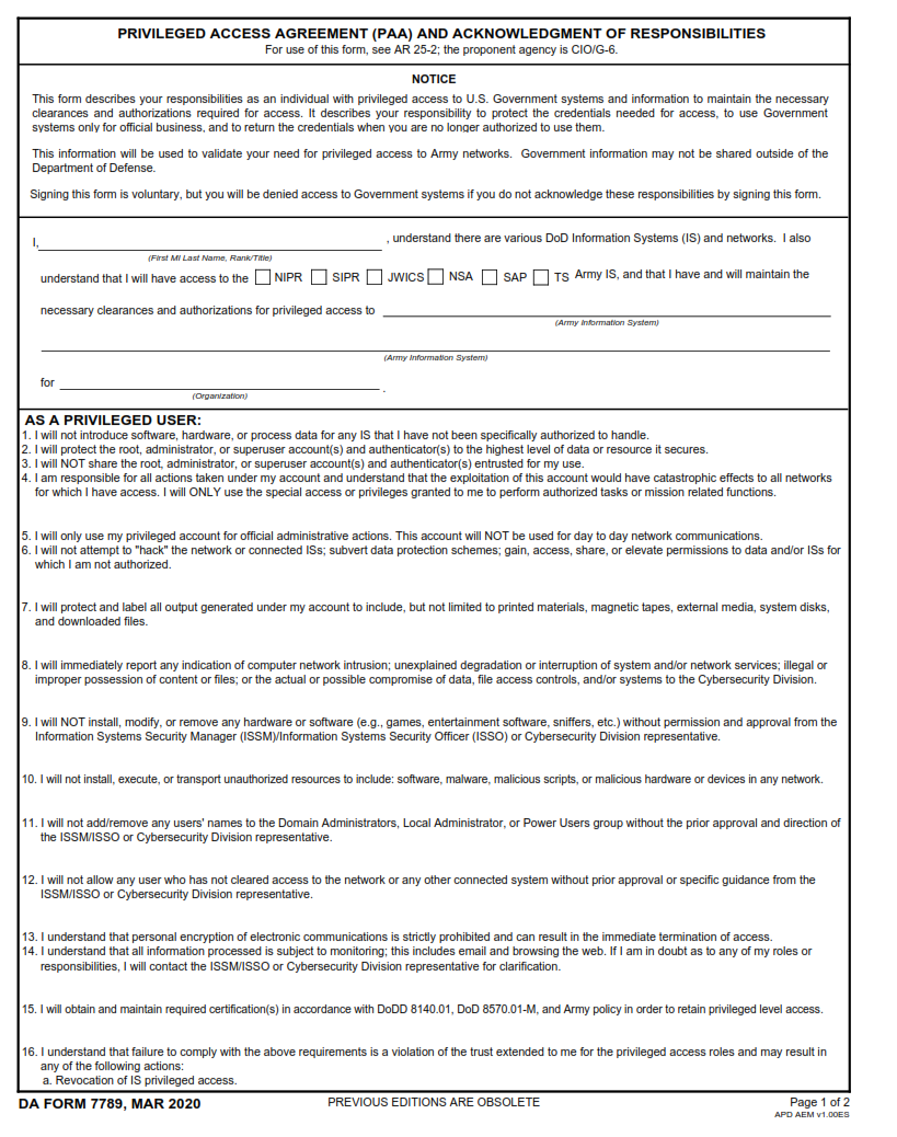 DA Form 7789 - Privileged Access Agreement Page 1