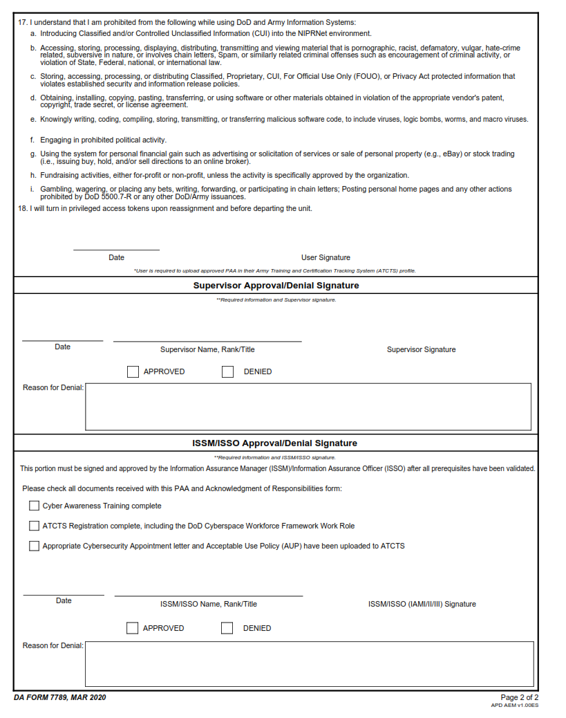 DA Form 7789 - Privileged Access Agreement Page 2