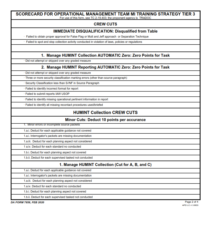 DA Form 7858 - Scorecard For Operational Management Page 2