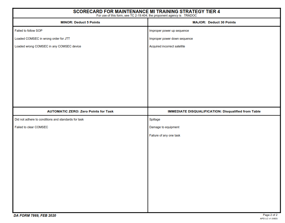 DA Form 7869 - Scorecard For Maintenance Mi Training Strategy Tier 4 Page 2