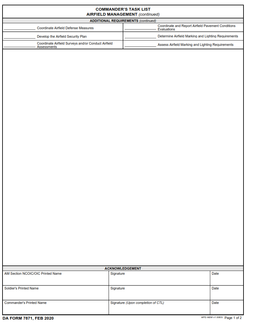 DA Form 7871 - Commander's Task List Airfield Management Page 2