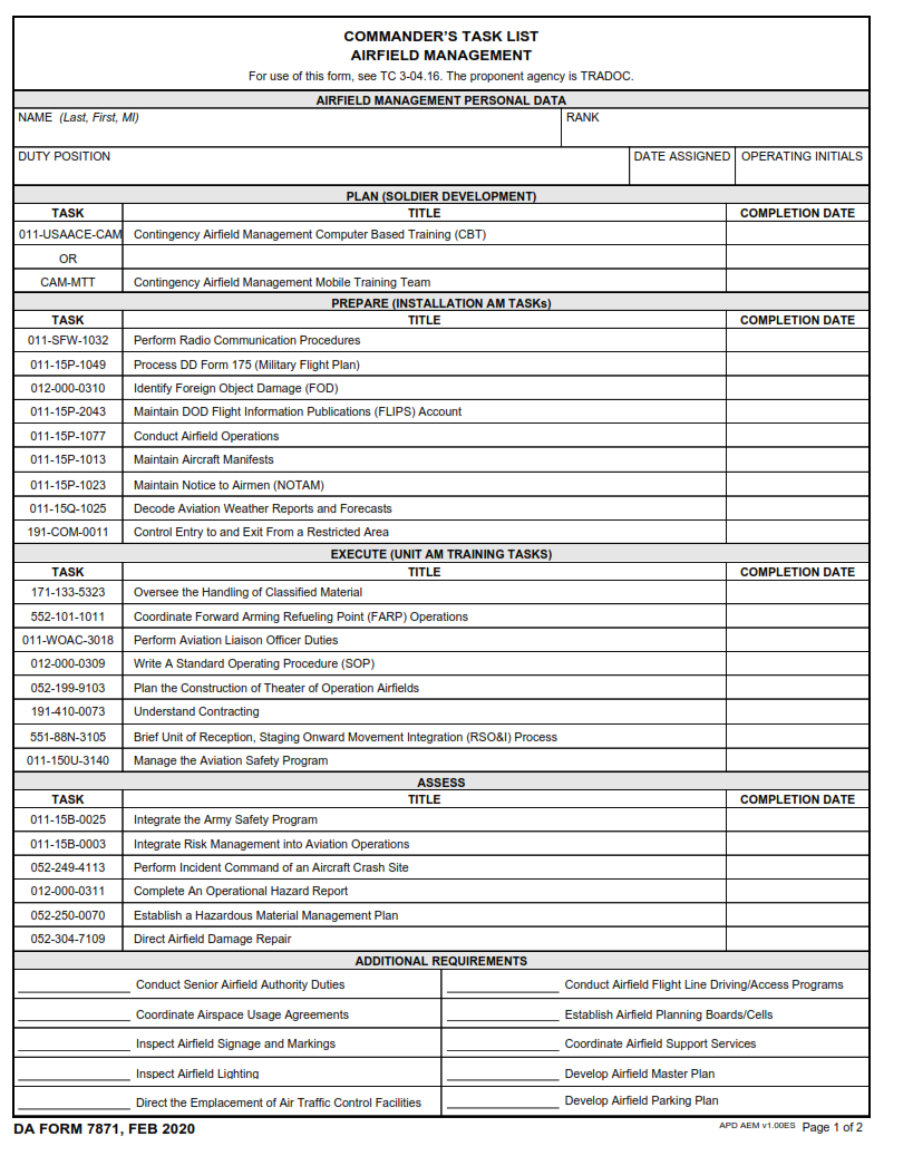 aDA Form 7871 - Commander's Task List Airfield Management Page 1