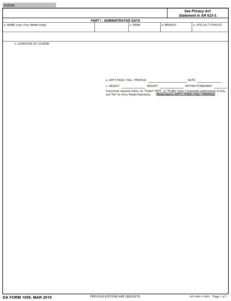 DA FORM 1059 Service School Academic Evaluation Report Army Pubs DA 