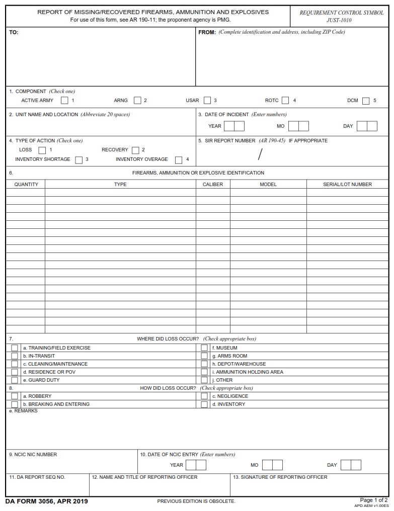 DA FORM 3056 - Report Of MissingRecovered Firearms, Ammunition And Explosives Page 1
