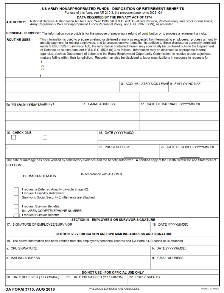 DA FORM 3715 - Us Army Nonappropriated Funds-Disposition Of Retirement Benefits