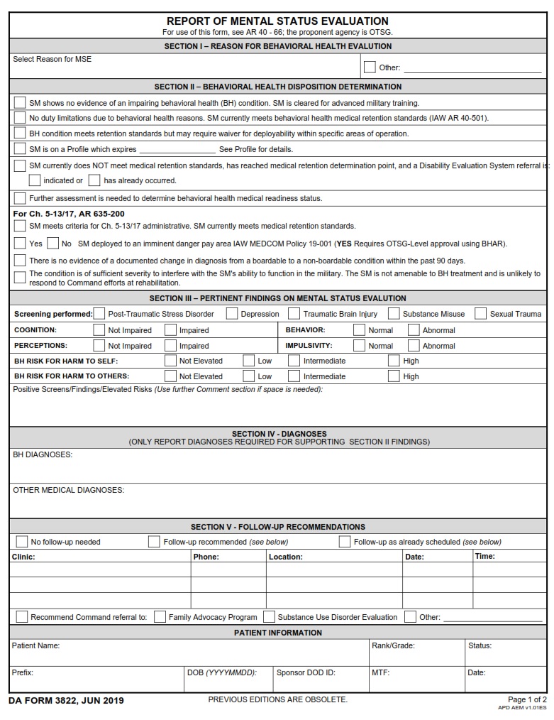 DA FORM 3822 - Report Of Mental Status Evaluation Page 1