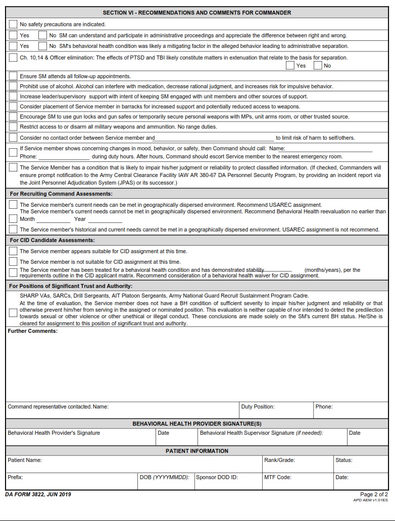 DA FORM 3822 - Report Of Mental Status Evaluation Page 2