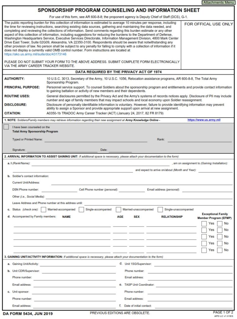 DA FORM 5434 – Sponsorship Program Counseling And Information Sheet ...
