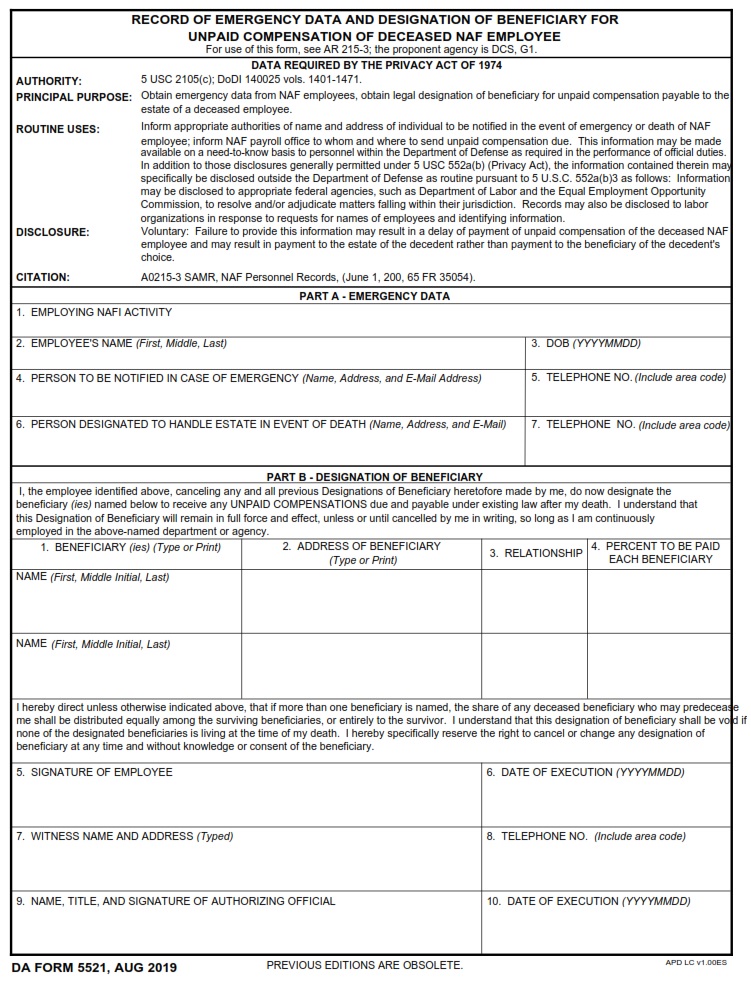 DA FORM 5521 - Record Of Emergency Data And Designation Of Beneficiary For Unpaid Compensation Of Deceased Naf Employee