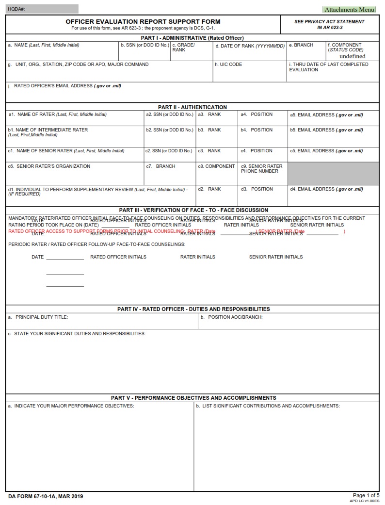 DA FORM 67-10-1A - Officer Evaluation Report Support Form Page 1