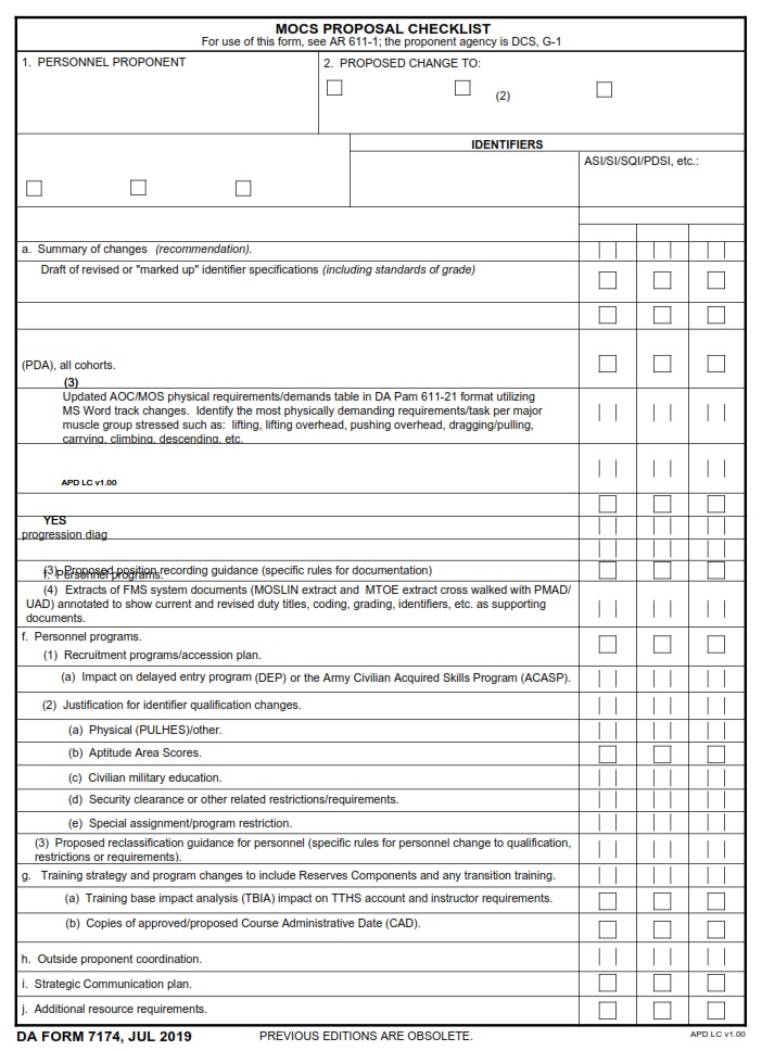 DA FORM 7174 - Mocs Prposal Checklist