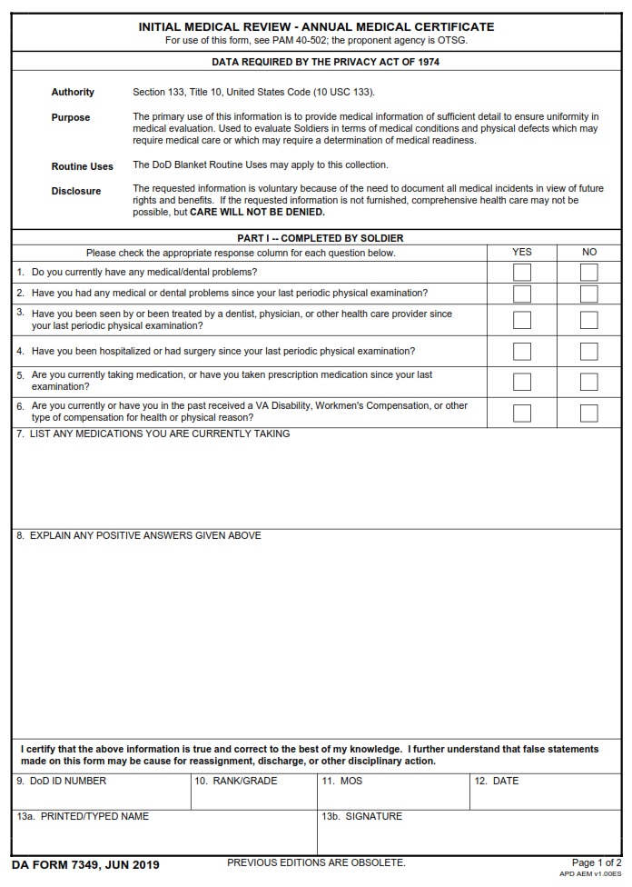 DA FORM 7349 - Initial Medical Review - Annual Medical Certificate Page 1