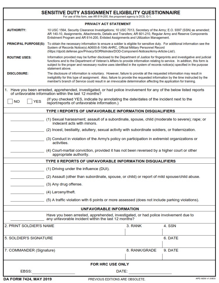 DA FORM 7424 - Sensitive Duty Assignment Eligibility Questionnaire