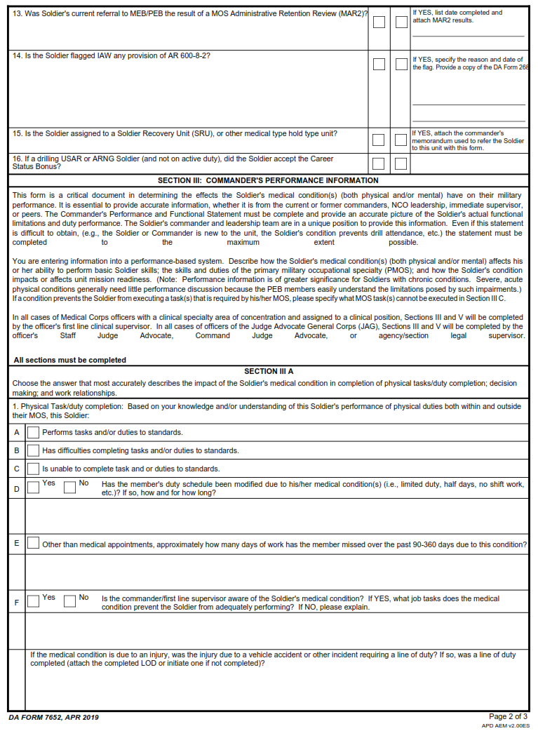 DA FORM 7652 - Disability Evaluation System (Des) Commander's Performance And Functional Statement page 2