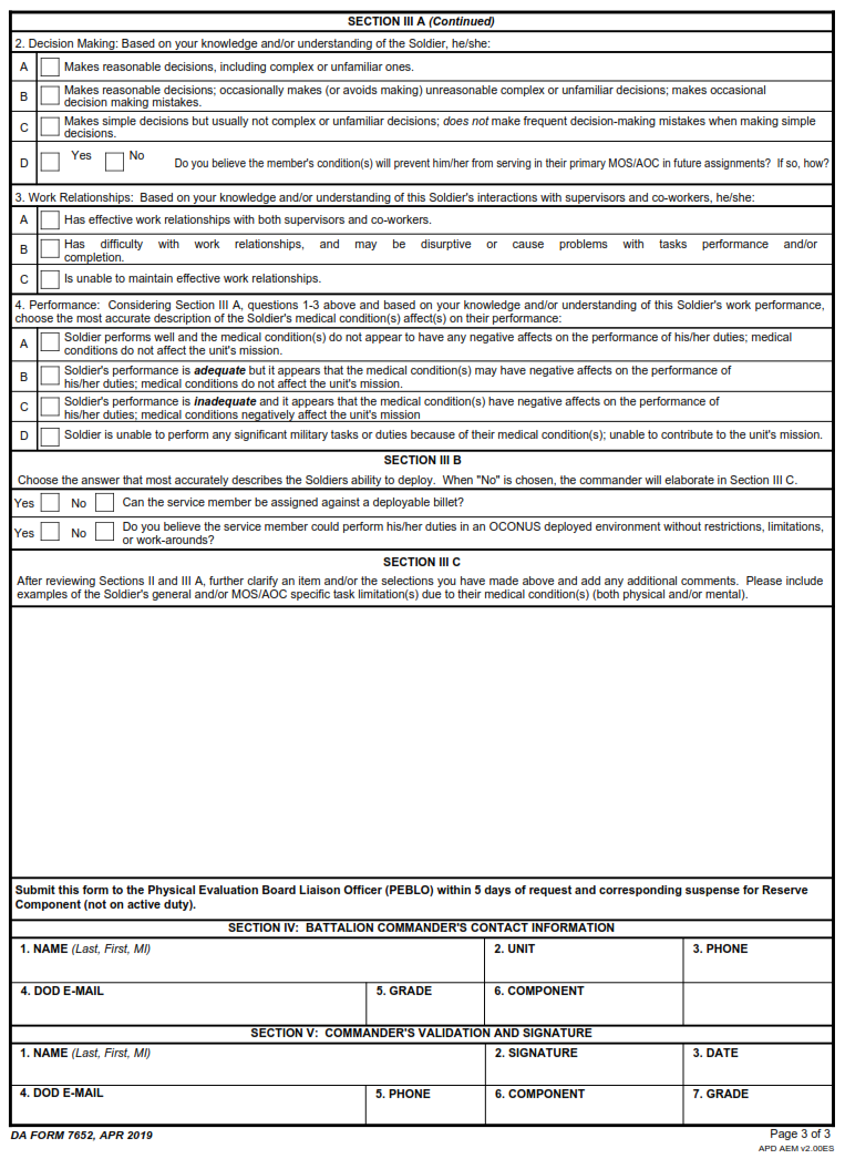 DA FORM 7652 - Disability Evaluation System (Des) Commander's Performance And Functional Statement page 3