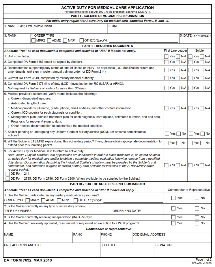 DA FORM 7692 - Active Duty For Medical Care Application Page1