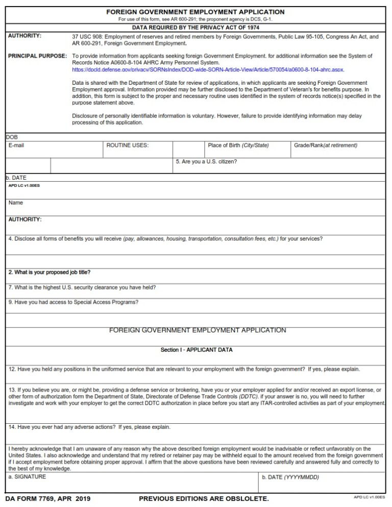 DA FORM 7769 – Foreign Government Employment Application | Army Pubs DA ...