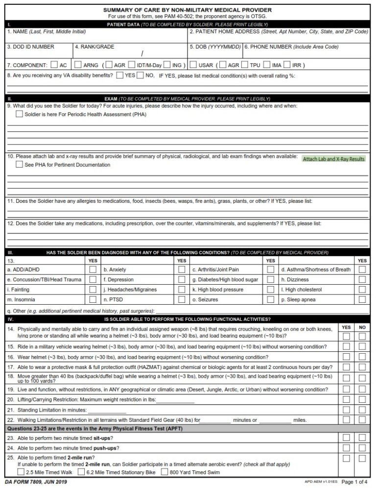 DA FORM 7809 – Summary Of Care By Non-Military Medical Provider | Army ...