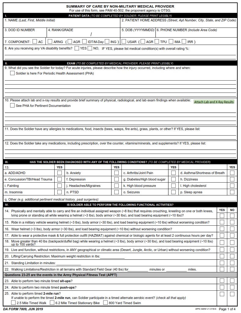 DA FORM 7809 - Summary Of Care By Non-Military Medical Provider Page2