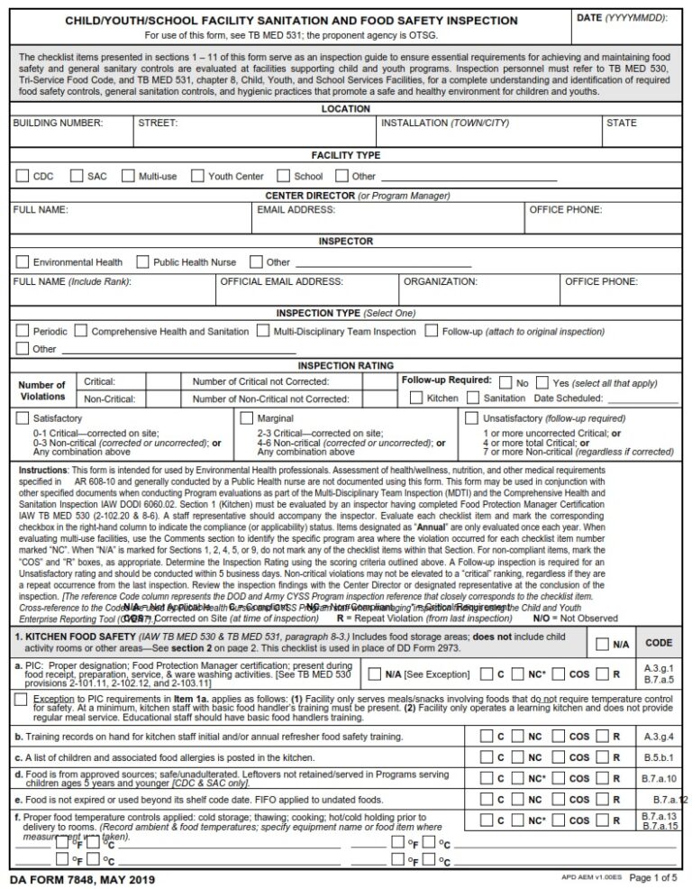 DA FORM 7848 – Child Youth School Facility Sanitation And Food Safety ...