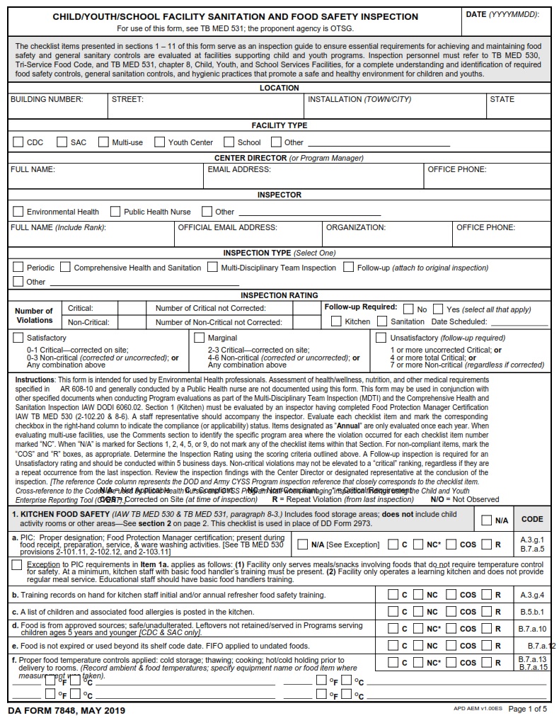 DA FORM 7848 - Child Youth School Facility Sanitation And Food Safety Inspection page 1