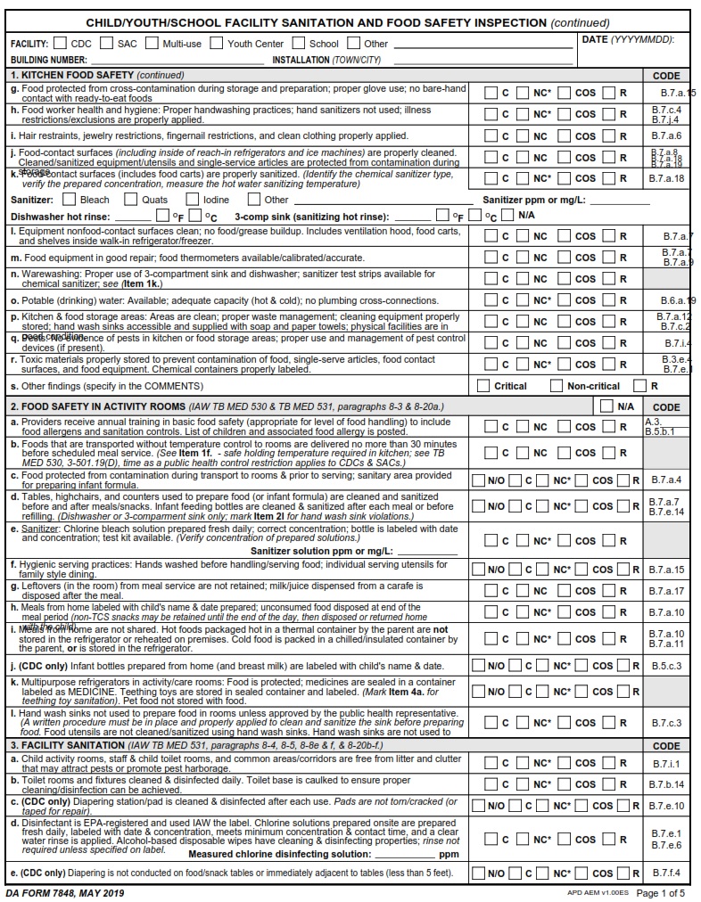 DA FORM 7848 - Child Youth School Facility Sanitation And Food Safety Inspection page 2
