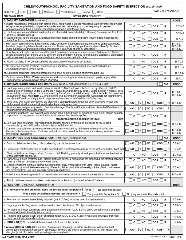 DA FORM 7848 - Child Youth School Facility Sanitation And Food Safety Inspection page 3